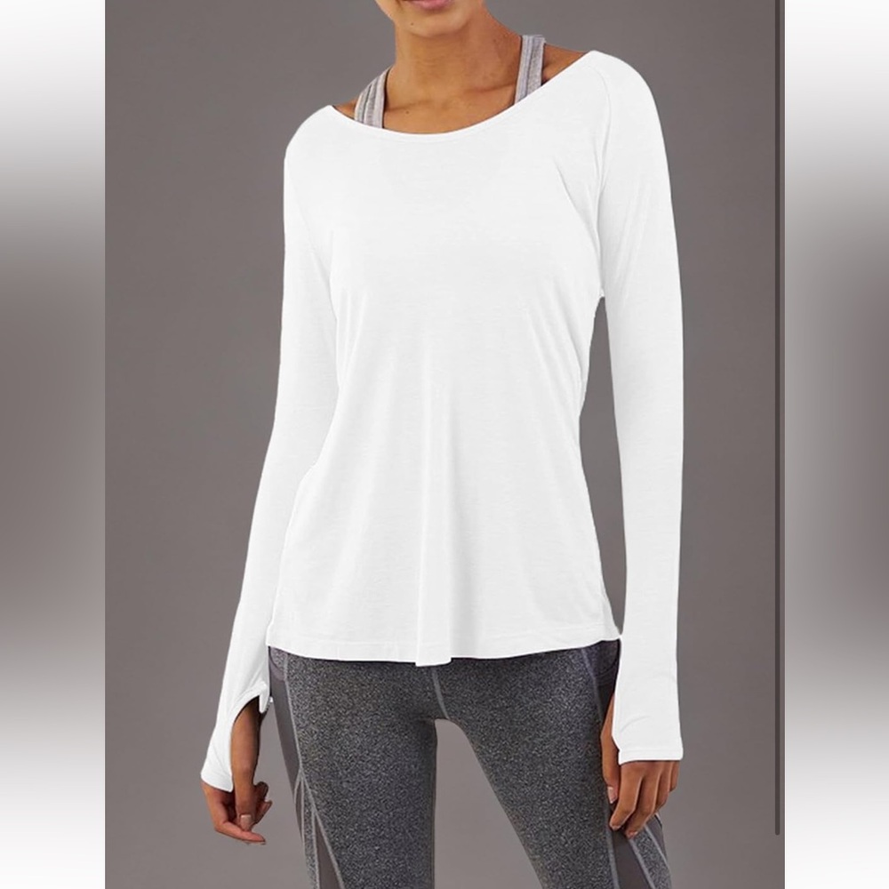 Women’s White Workout Long Sleeve Activewear Exercise Top with Thumb Holes SZ S